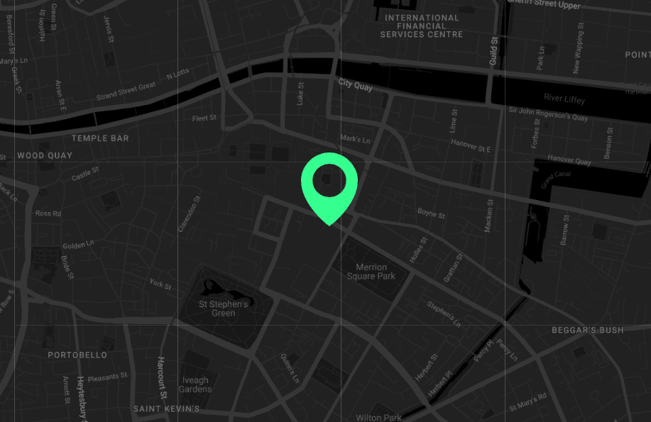 An image of a black map with a green point on the office location.